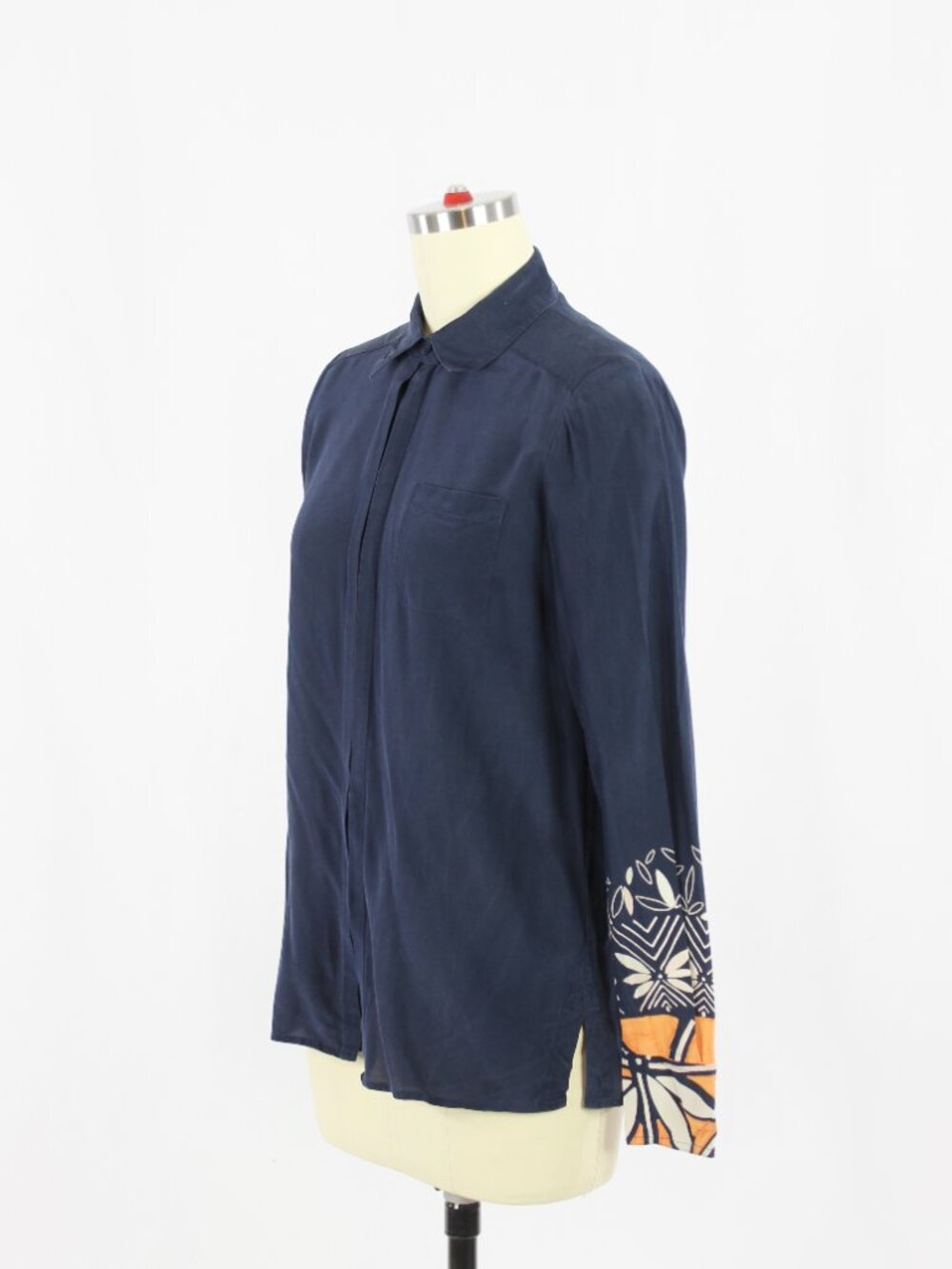 TORY BURCH Navy Blue Python 100% Silk Crepe Floral Long Sleeve Blouse, Size 0 - Picture 4 of 13